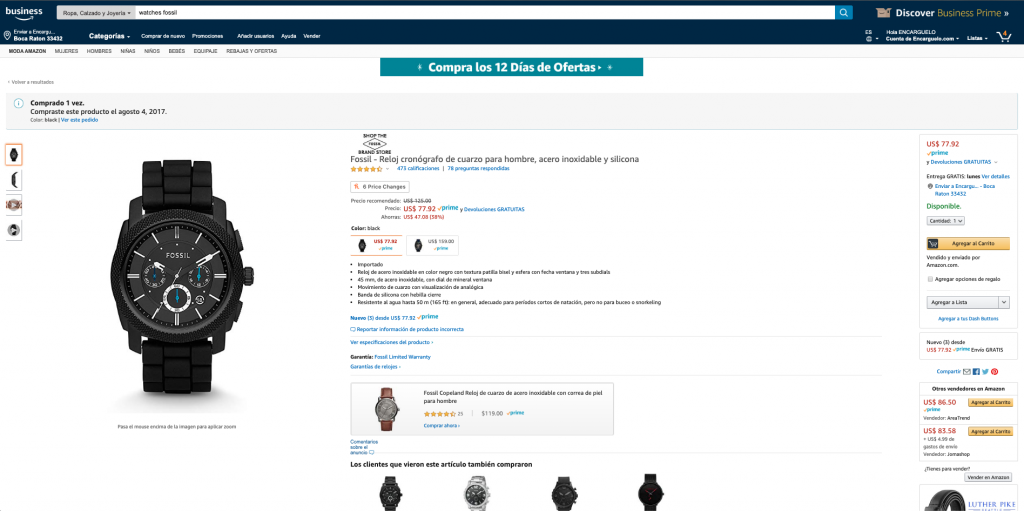detalle del producto de relojes fossil para compras online a colombia